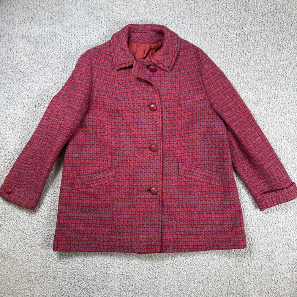 Vintage Harris Tweed 100% Scottish Wool Blazer Jacket Womens Red Blue Plaid Coat